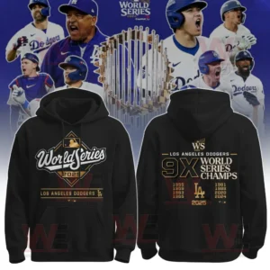A black hoodie honoring the Los Angeles Dodgers as back to back 2024 and 2025 World Series champions with golden text and team graphics!