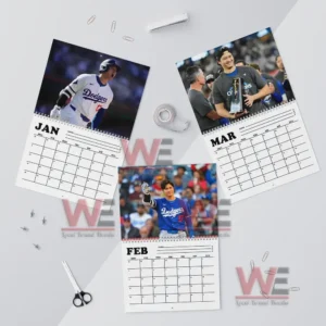 Los Angeles Dodgers Shohei Ohtani 2026 Calendar 8 Three calendar pages featuring a baseball player in relaxed training and gameplay scenes above monthly date layouts!