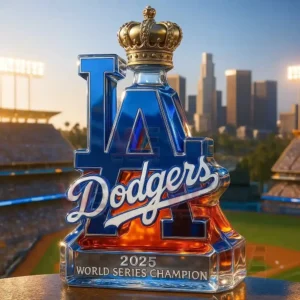 A bottle shaped like the LA Dodgers logo with a crown on top displayed in a stadium at sunset!