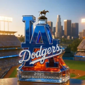 Los Angeles Dodgers winning the 2025 World Series whiskey bottle 5 A Dodgers logo bottle with a horse statue cap displayed in a stadium at sunset!