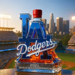 Los Angeles Dodgers winning the 2025 World Series whiskey bottle 6 A Dodgers logo bottle with a red cap displayed in a stadium at sunset!