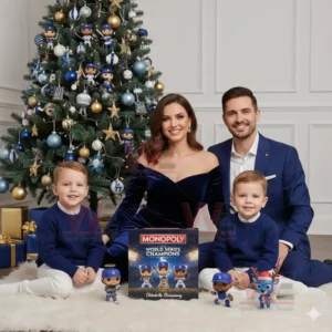 A family of four poses in front of a Christmas tree decorated in blue and gold with baseball ornaments, featuring a Monopoly 2025 World Series Champions Los Angeles Dodgers box in front of them.