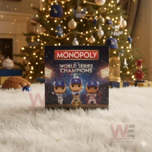 Los Angeles Dodgers World Series Champions 2025 Monopoly 6 A close-up of a Monopoly box labeled 2025 World Series Champions Los Angeles Dodgers positioned on a white rug in front of a glowing Christmas tree.