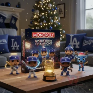 Los Angeles Dodgers World Series Champions 2025 Monopoly 7 Miniature baseball player figures are displayed around a Monopoly box titled 2025 World Series Champions Los Angeles Dodgers with a small golden trophy in front.