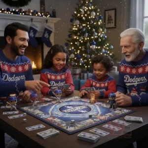 Los Angeles Dodgers World Series Champions 2025 Monopoly 8 A smiling family plays the Los Angeles Dodgers Monopoly 2025 World Series Champions board game together near a fireplace and Christmas tree.