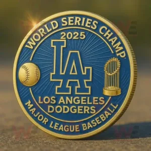 A blue and gold coin featuring the Los Angeles Dodgers logo and the words World Series Champ 2025 Major League Baseball displayed clearly!
