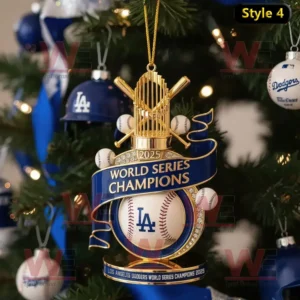 A baseball themed Christmas ornament depicting Los Angeles Dodgers players holding the 2025 World Series trophy on a decorated tree.