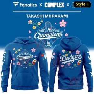 Blue hoodie showcasing Dodgers 2025 World Series Champions design with Takashi Murakami floral patterns and LA symbols!