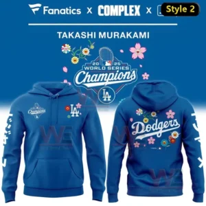 Los Angeles Dodgers x Takashi Murakami World Series Champions Hoodie 9 Blue hoodie version style 2 combining Dodgers World Series graphics with Takashi Murakami inspired floral art!