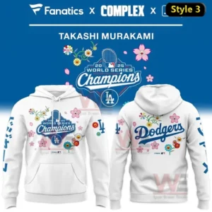 Los Angeles Dodgers x Takashi Murakami World Series Champions Hoodie 10 White hoodie style 3 highlighting Dodgers logo floral illustrations and 2025 World Series victory celebration art!