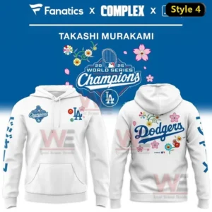 Los Angeles Dodgers x Takashi Murakami World Series Champions Hoodie 11 Dodgers white hoodie style 4 combining simple floral decorations with 2025 World Series Champions graphics!