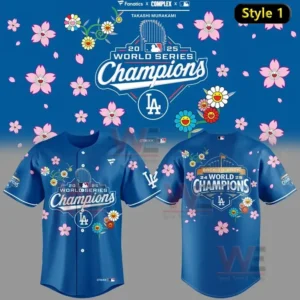 Blue jersey showing Dodgers 2025 World Series Champions design combined with Takashi Murakami flower artwork and LA branding!