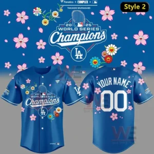 Blue Dodgers jersey style 2 mixing floral elements by Takashi Murakami with World Series Champions celebration design!