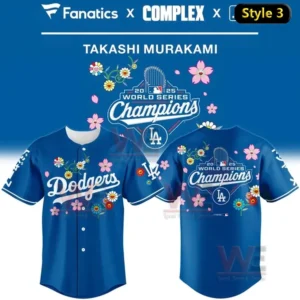 Dodgers jersey style 3 combining 2025 World Series Champions logo and Murakami floral theme across front and back!
