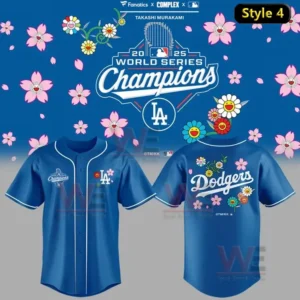 Dodgers jersey style 4 highlighting subtle Murakami floral artwork and 2025 World Series Champions emblems!