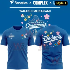 Blue t-shirt showcasing Dodgers logo and colorful floral motifs by Takashi Murakami celebrating 2025 World Series victory!