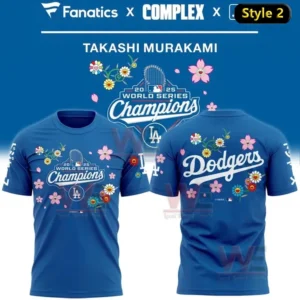 Los Angeles Dodgers x Takashi Murakami World Series Champions T-Shirt 8 Blue t-shirt design combining Dodgers branding with vibrant Murakami flowers celebrating the 2025 World Series title!