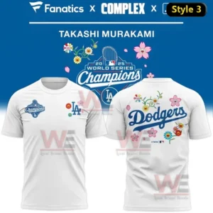 Los Angeles Dodgers x Takashi Murakami World Series Champions T-Shirt 9 White t-shirt with Dodgers script and Murakami flowers representing 2025 World Series Champions collaboration!