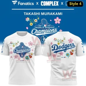 Los Angeles Dodgers x Takashi Murakami World Series Champions T-Shirt 10 White t-shirt style 4 blending Dodgers branding with Takashi Murakami floral art for the 2025 World Series celebration!