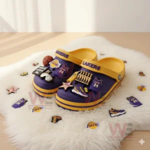 Los Angeles Lakers-themed Crocs decorated with basketball charms.