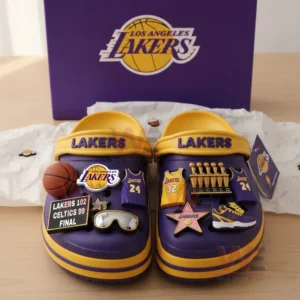 Los Angeles Lakers Crocs with charms, inside the packaging box.
