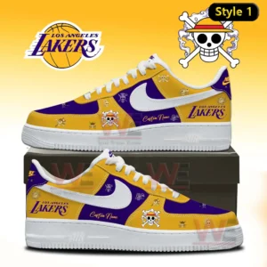 Yellow and purple Lakers custom sneakers decorated with pirate themed graphics and team logos!
