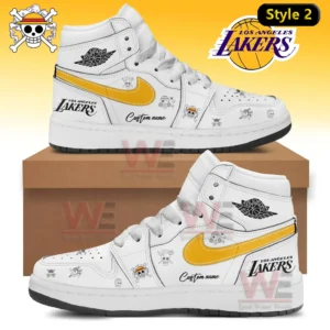 White and gold Lakers high top sneakers decorated with pirate themed elements and custom name space!