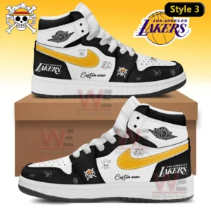 Black white and gold Lakers high top sneakers with pirate themed graphics and custom name placement!