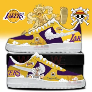 A pair of custom themed athletic shoes decorated with yellow and purple panels white cloud motifs team logos and a joyful animated hero graphic on the sides!