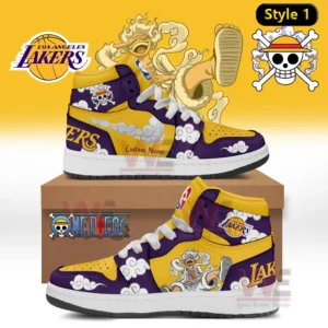 A pair of custom yellow and purple high top shoes with white cloud designs team logos and an animated hero graphic on the sides!