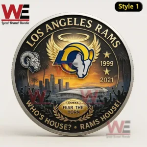 Silver Los Angeles Rams commemorative coin showing team logo, SoFi Stadium, and championship details.