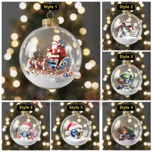 A collage of six Los Angeles Rams Christmas ornaments each holding a snowy festive miniature scene inside a clear globe!
