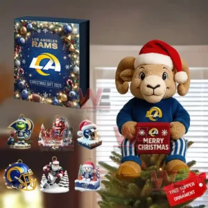 A Los Angeles Rams Christmas gift collection showing the mascot in team colors along with themed ornaments celebrating the holiday season.