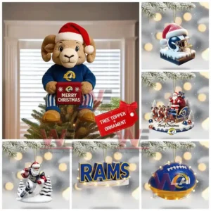A holiday decoration featuring the Los Angeles Rams mascot seated on the top of a Christmas tree spreading a Merry Christmas message.