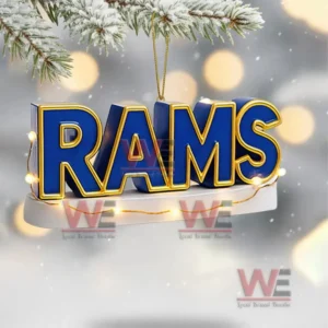 A Los Angeles Rams mascot tree topper displayed with various Christmas ornaments themed around football and team celebration.