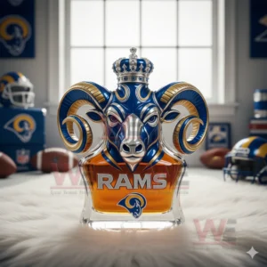 A blue and gold ram head bottle with a crown sits on a white rug surrounded by Rams football decor!