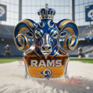 Los Angeles Rams Limited Edition Crown Royal Bottle 4 A crowned ram head bottle sits on a white rug with a large stadium and players visible in the background!