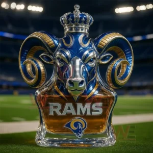 Los Angeles Rams Limited Edition Crown Royal Bottle 5 A crowned ram head bottle in blue and gold sits on the stadium field under bright nighttime lights!