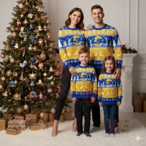 Los Angeles Rams NFL Christmas Ugly Sweater 2025 4 Family wearing Los Angeles Rams Christmas sweaters posing by a Christmas tree with presents in a festive living room.