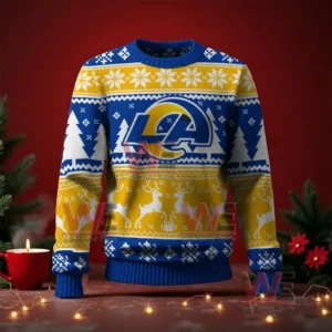 Los Angeles Rams NFL Christmas Ugly Sweater 2025 5 Blue and yellow Los Angeles Rams Christmas sweater with logo trees snowflakes and reindeer on a red festive background.
