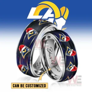 Two polished rings with rams symbols in festive hats shown in front of a large team logo background!