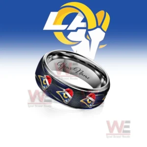 A blue ring decorated with rams icons shown in front of a bold team emblem background!