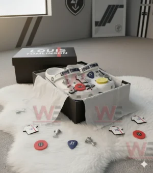 Louis Tomlinson-themed Crocs inside a box with charms like a microphone, shirt, and trophy.