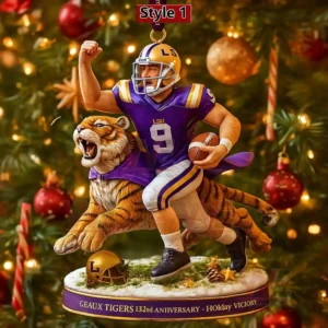 Alt text: A festive ornament featuring a football player in an LSU uniform riding a tiger with holiday decorations in the background.
