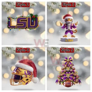 LSU Tigers 132nd Anniversary Ornament 10 Alt text: A set of LSU-themed Christmas ornaments, featuring a tiger mascot, football, and helmet with holiday decorations.