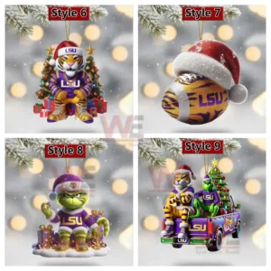 LSU Tigers 132nd Anniversary Ornament 11 Alt text: LSU-themed holiday ornaments featuring a tiger mascot in festive gear, a Santa-hatted football, and a Grinch-like character in LSU clothing.