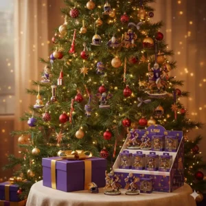 LSU Tigers 132nd Anniversary Ornament 12 Alt text: A Christmas tree with LSU-themed ornaments, including football player figurines and helmets, and a purple gift box at the base.