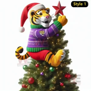Tiger mascot in Santa hat putting star on Christmas tree with colorful ornaments and lights!
