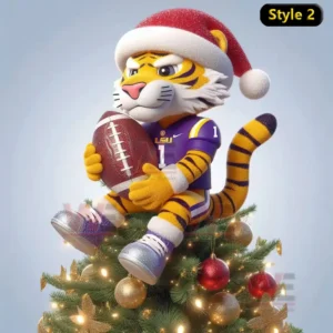 LSU Tigers Christmas Tree Topper 7 Tiger mascot in LSU football uniform holding football on top of Christmas tree!