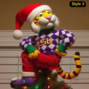 LSU Tigers Christmas Tree Topper 8 Tiger mascot in LSU sweater and Santa hat standing proudly on decorated Christmas tree!
